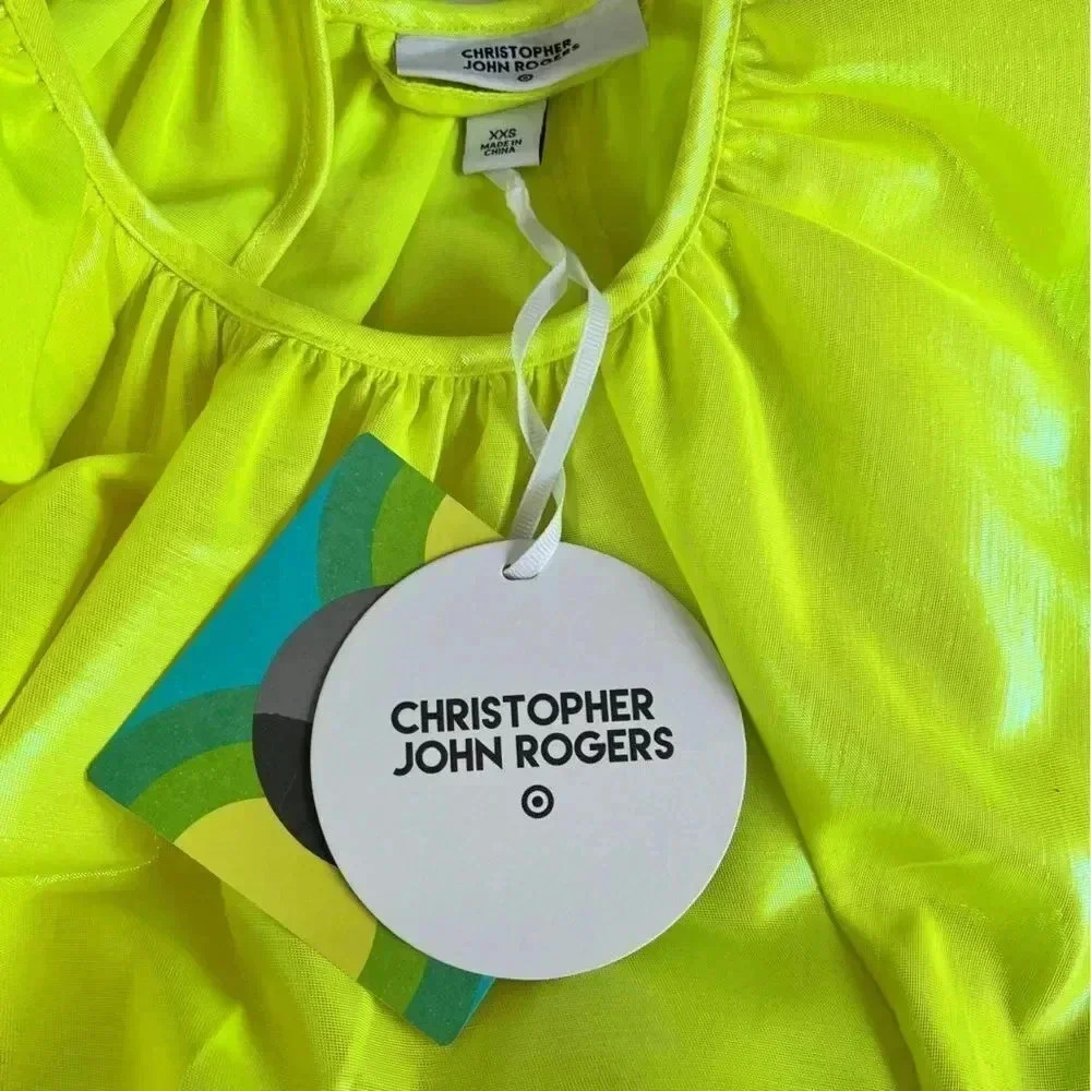 NEW Christopher John Rogers Target Neon Yellow Iridescent Belted Midi Dress XXS - Picture 15 of 15